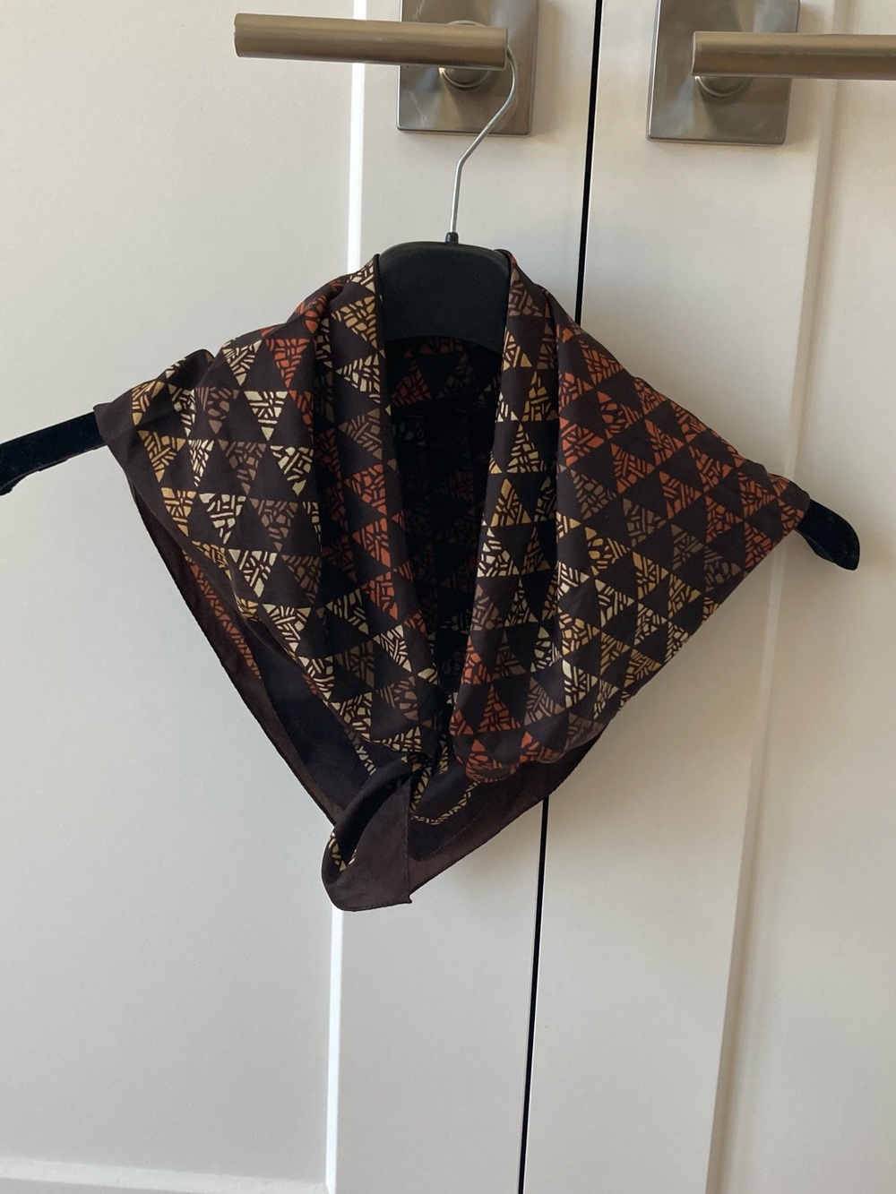 Geometric Print Square Silky Scarf in Brown and Rust